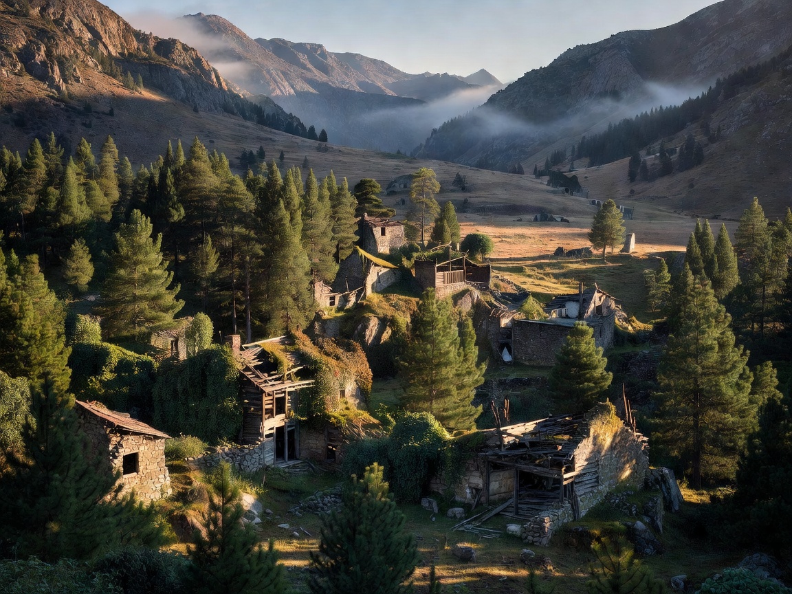 Mountain valley landscape where historical abandoned structures sit among pine trees
