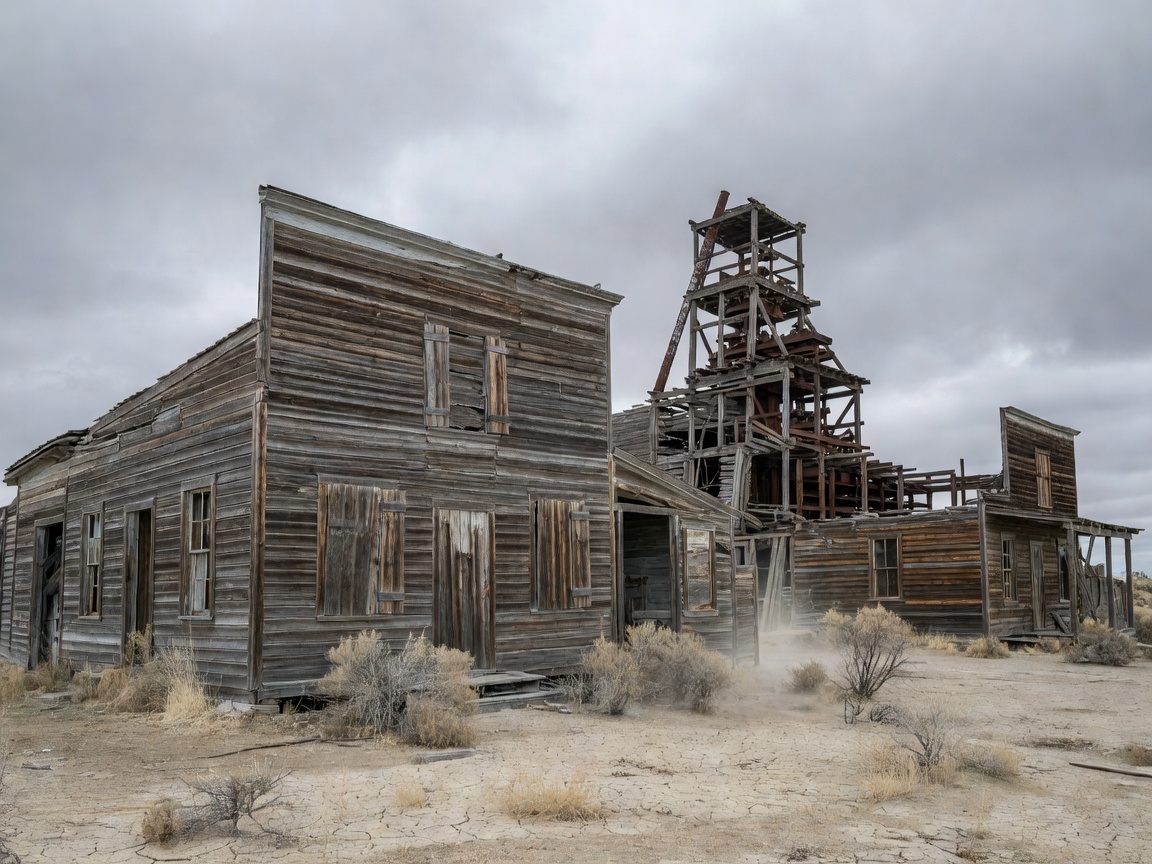 Weathered wooden buildings in Bodie California ghost town under clear blue sky