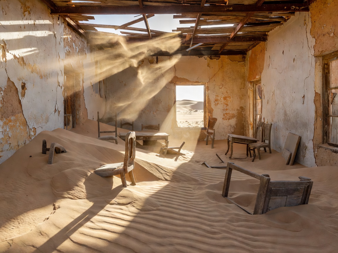 Abandoned room in Kolmanskop with desert sand flowing through open doorway