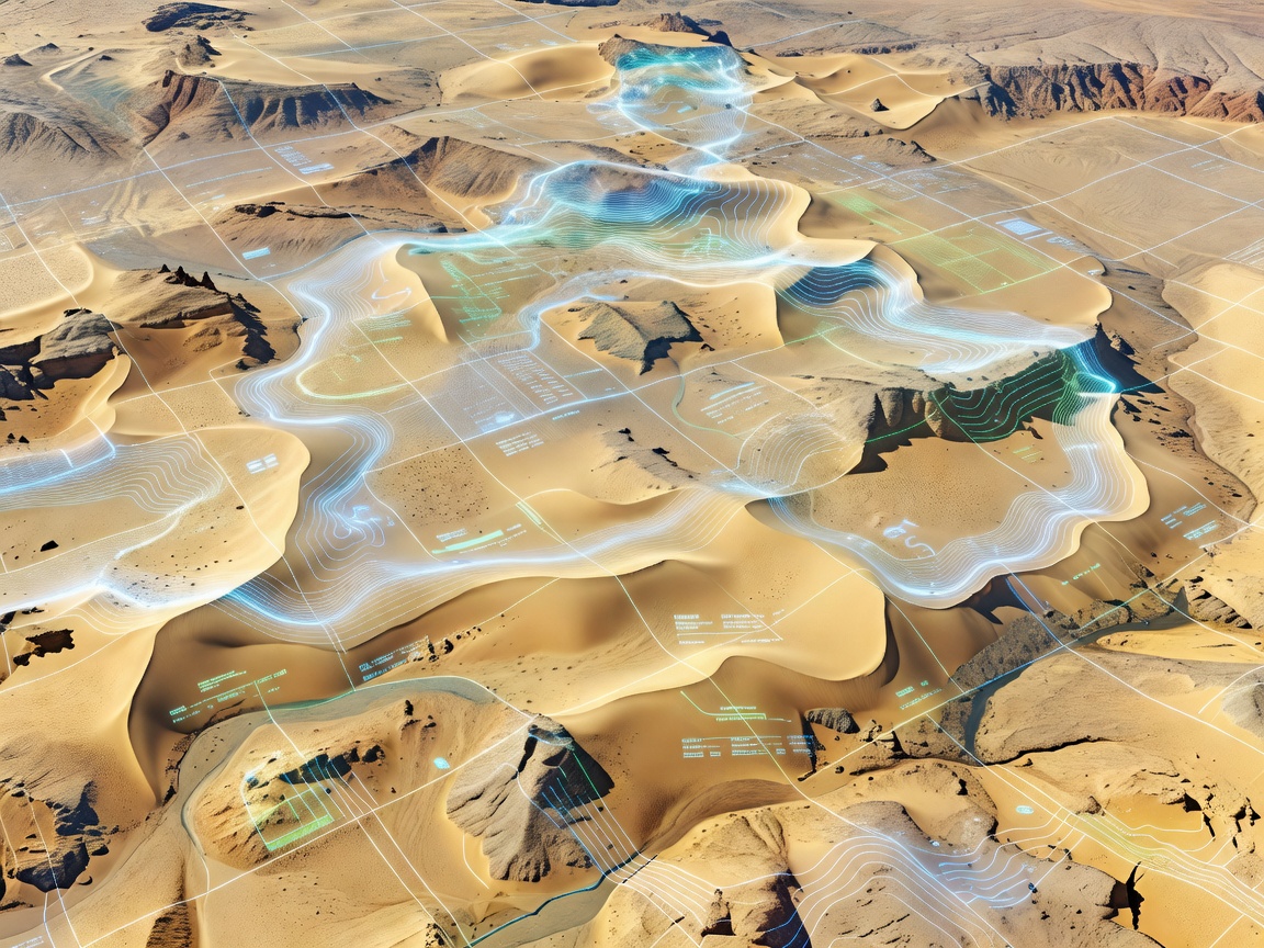 Satellite style mapping equipment overlaying topographical desert terrain map